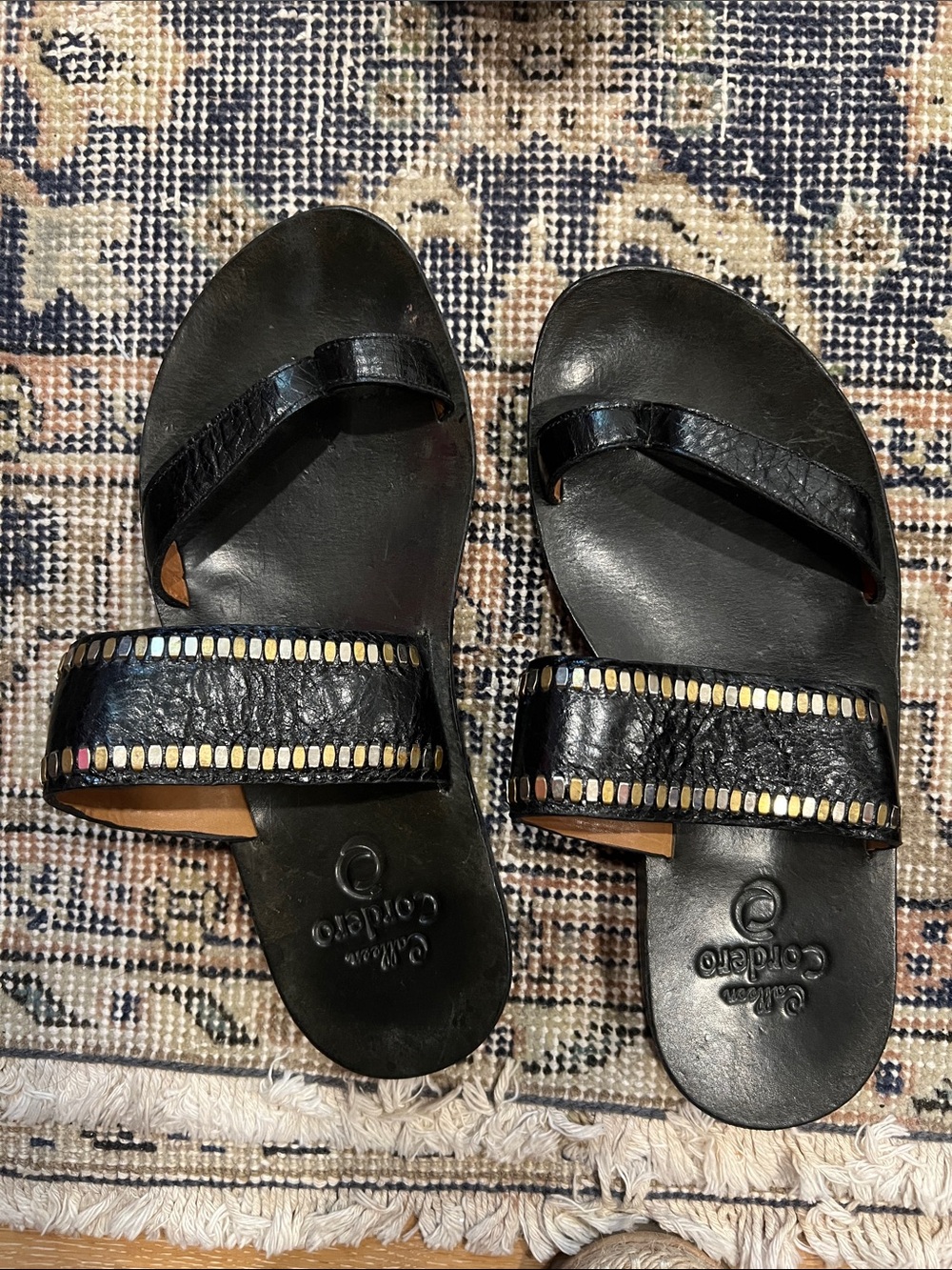 Colleen Cordero Black Leather Double-Strap Slide Sandals with Beaded Trim